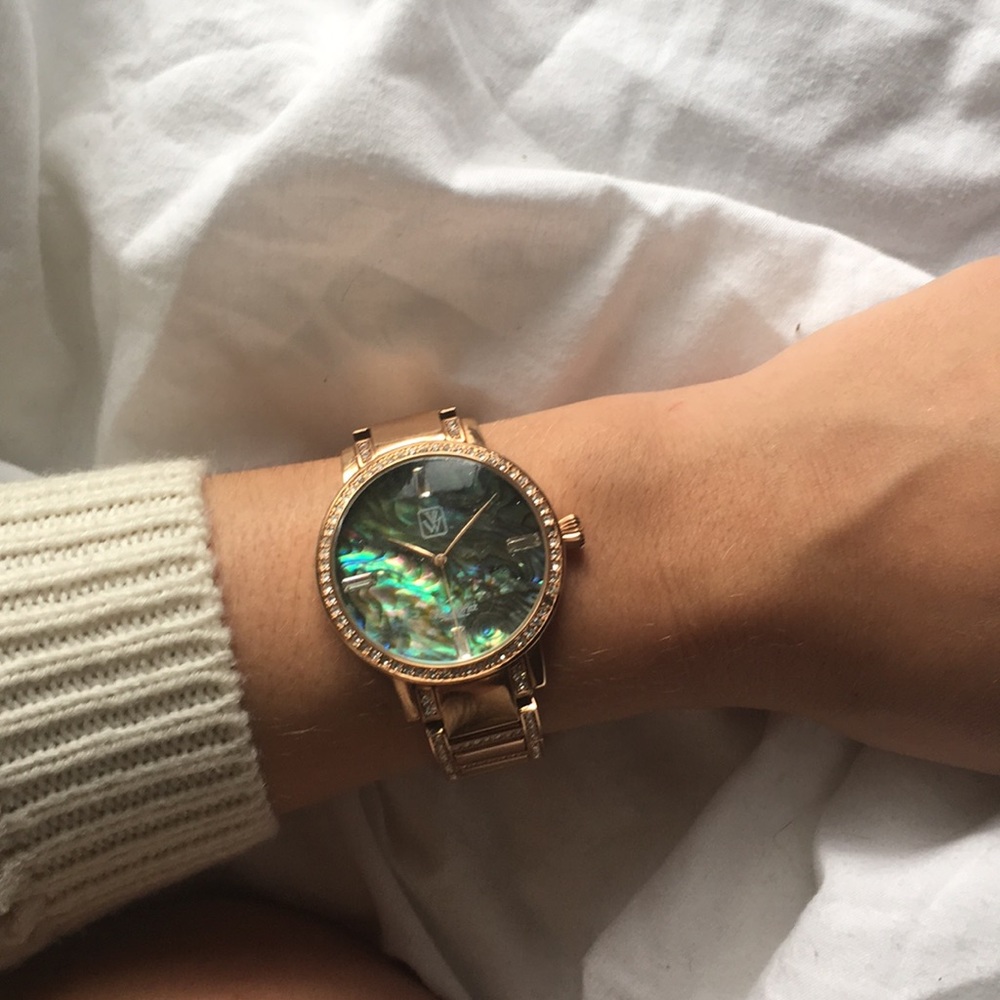 Victoria Wieck Rose Gold Abalone and Crystal Watch